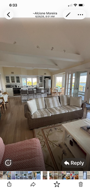 Bright, modern living room with striped sofa, white kitchen, wood floors, and large windows overlooking water.
