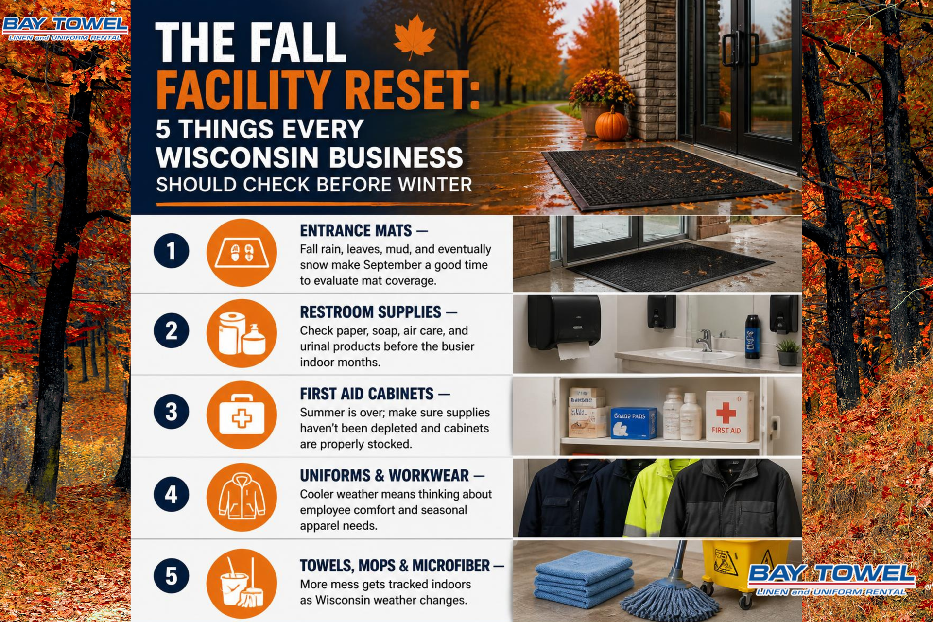 Wisconsin business facility prepared for fall with entrance mats and facility supplies