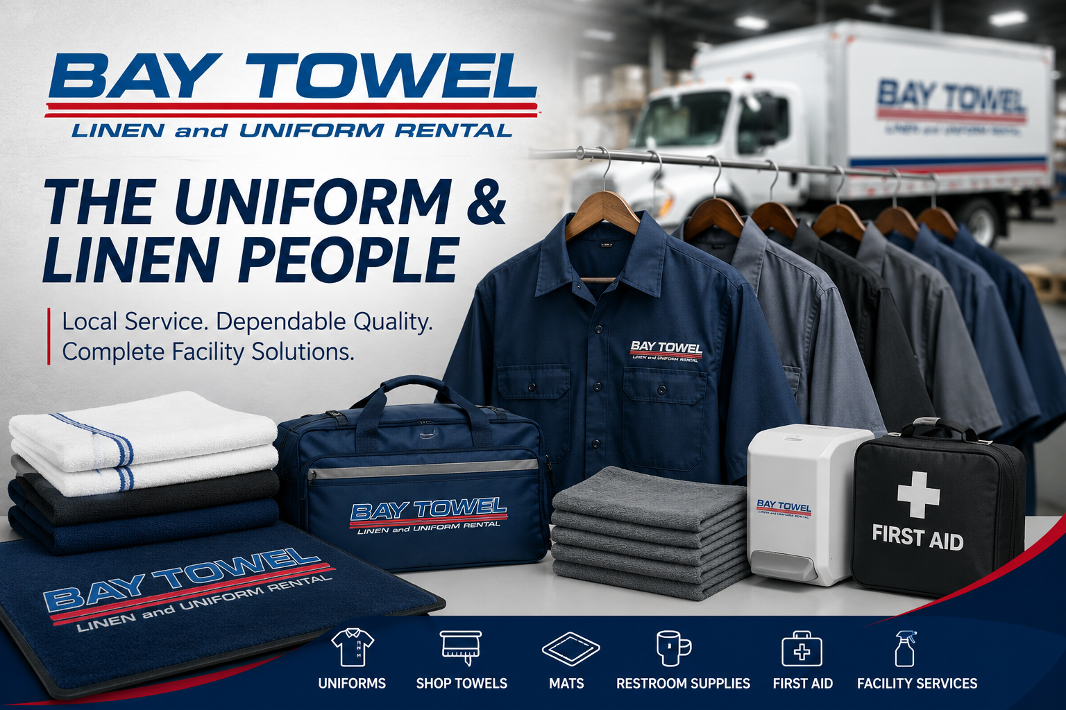 Bay Towel, The Uniform & Linen People, uniform rental, linen service, floor mats, shop towels