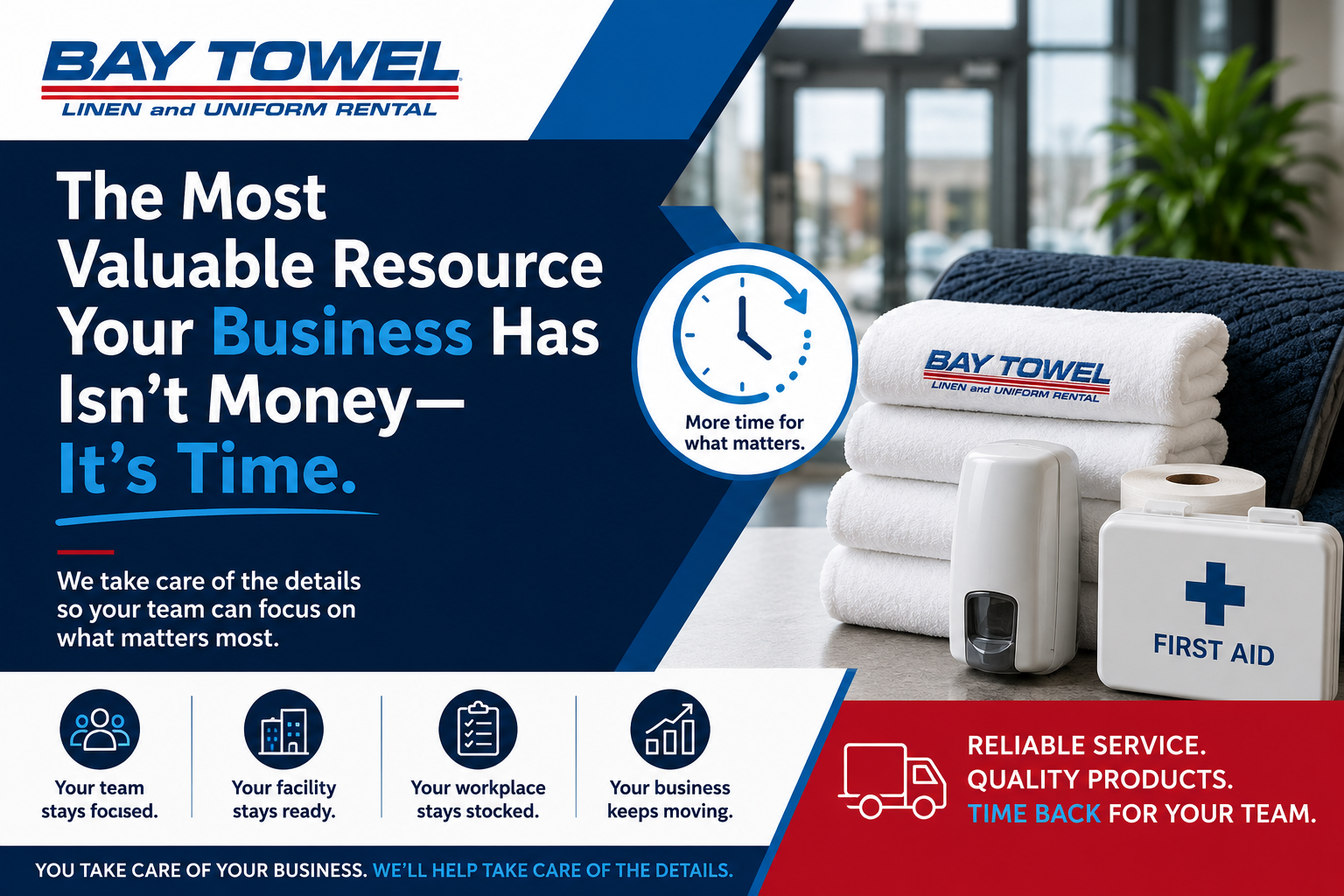 Bay Towel facility services help businesses save time with towels, mats, and facility services