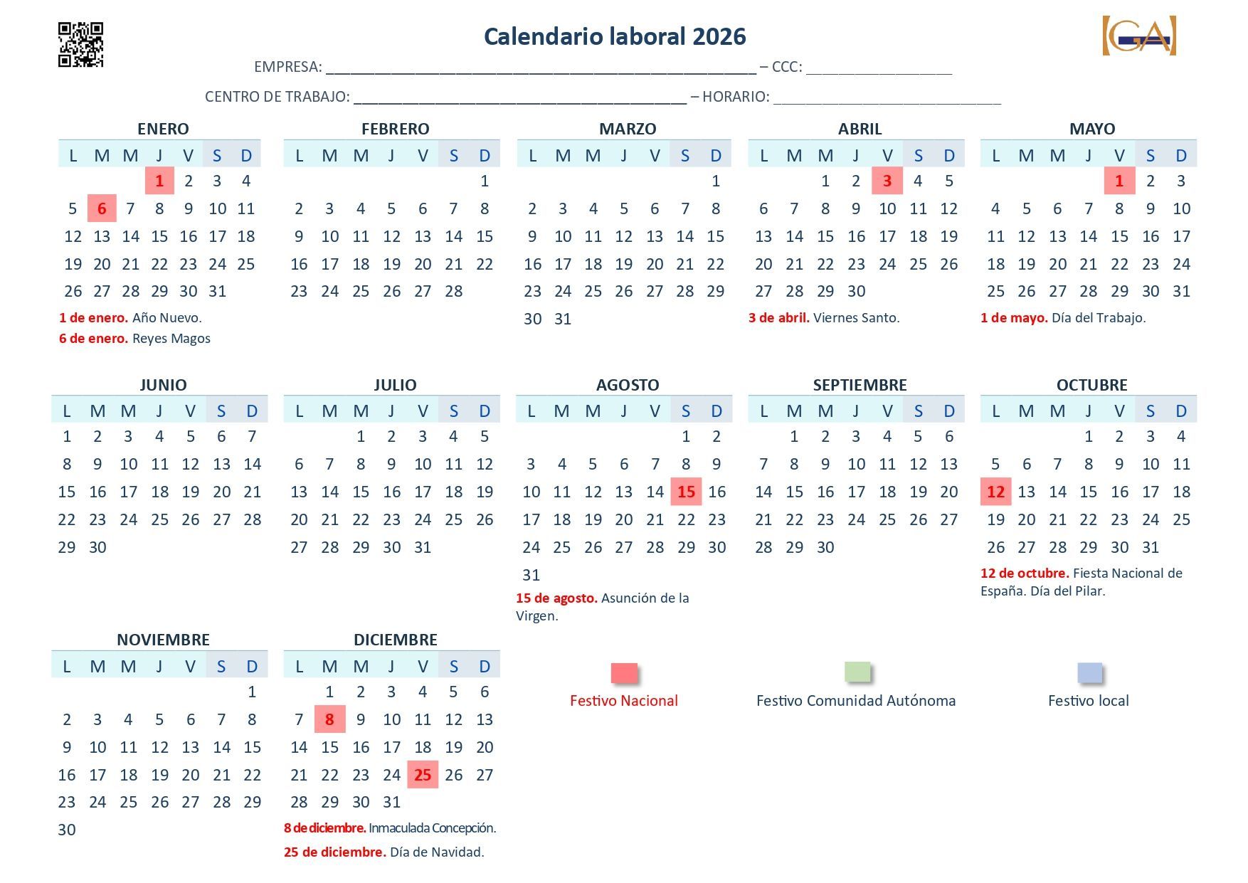 Calendario laboral 2026 España 
