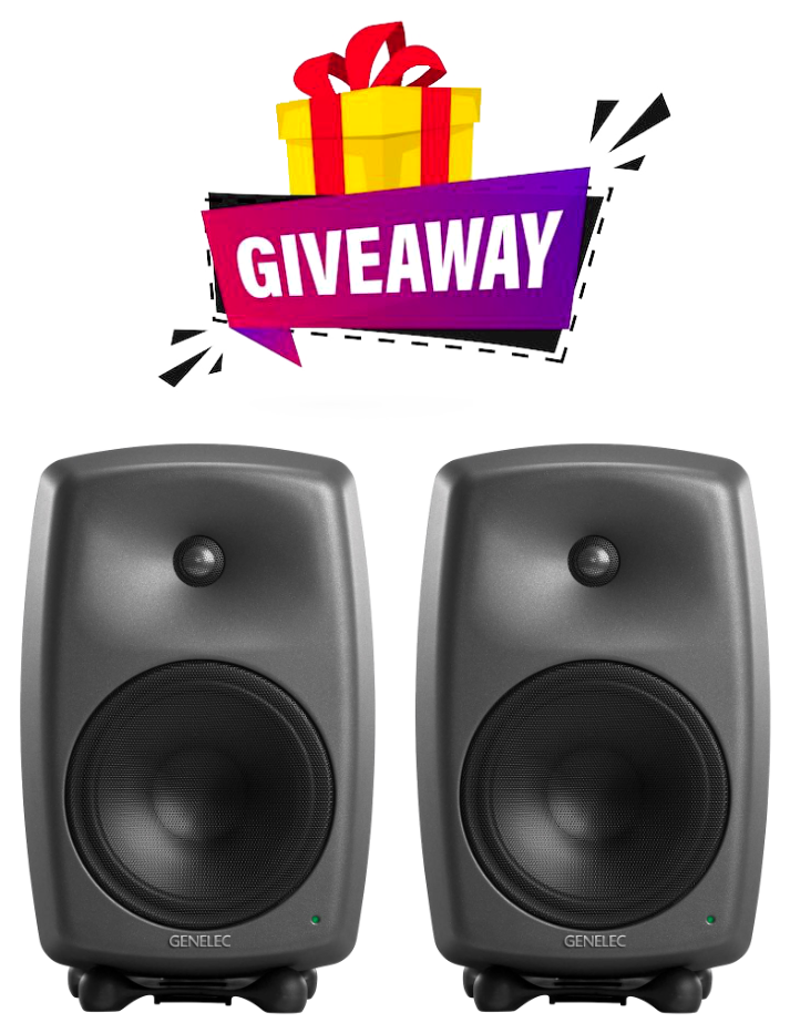 Giveaway graphic with two gray Genelec studio monitors. A yellow gift box with a red bow tops the Giveaway text.