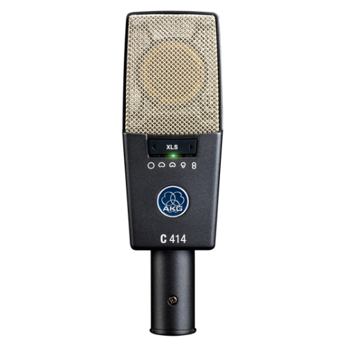 AKG C414 condenser microphone, black with gold mesh grille. Features polar pattern selector and pad switch.