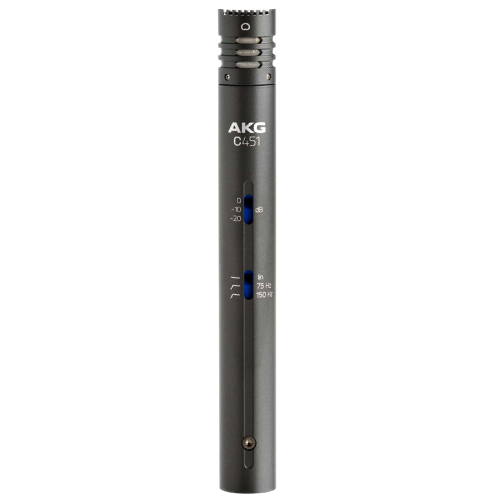 AKG C431 microphone, dark gray with two switches.