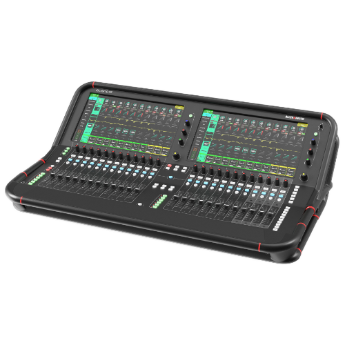 Allen & Heath digital audio mixing console with dual touchscreens and faders.