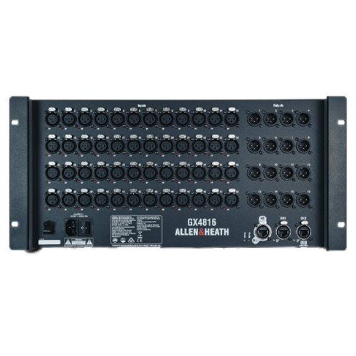 Rear view of an Allen & Heath DX4816 digital stage box with numerous XLR inputs and outputs.
