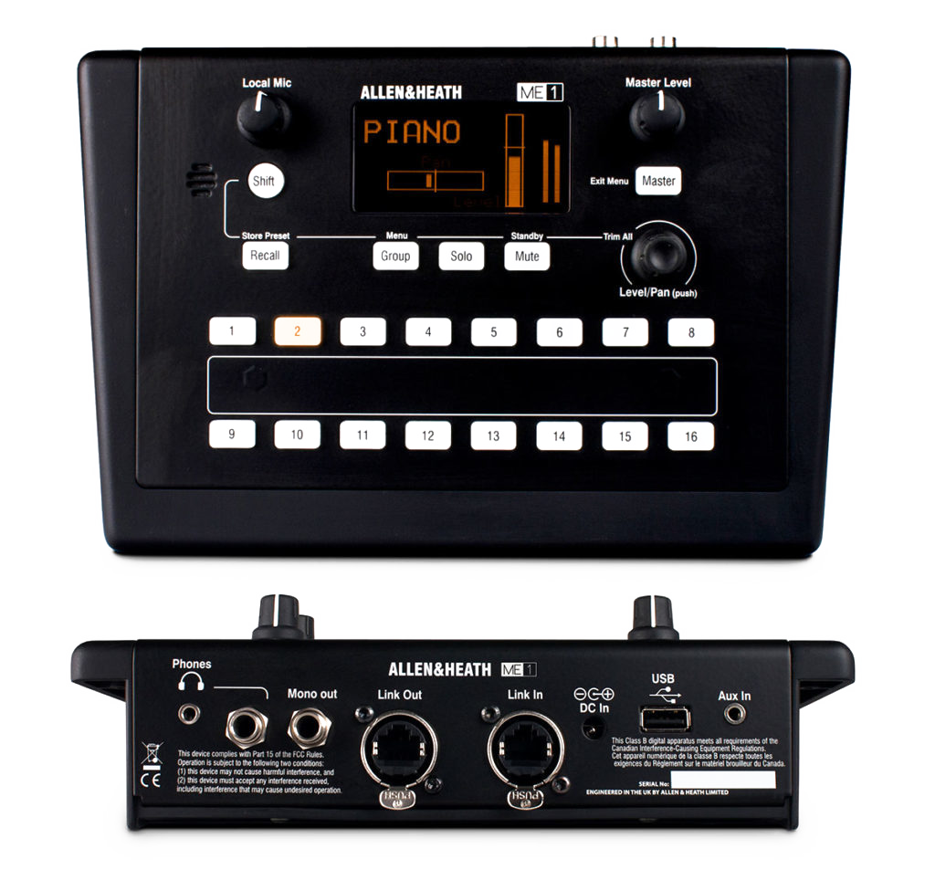 Black musical instrument, front and back views. Knobs, display, buttons. Ports on back.