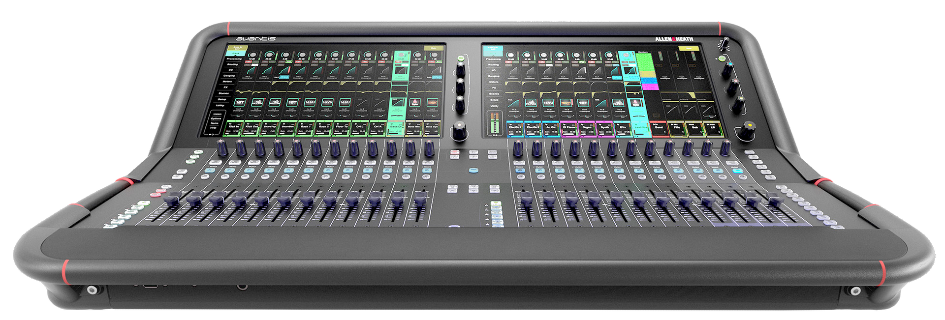 A digital audio mixing console with two large screens, faders, and various control knobs and buttons.