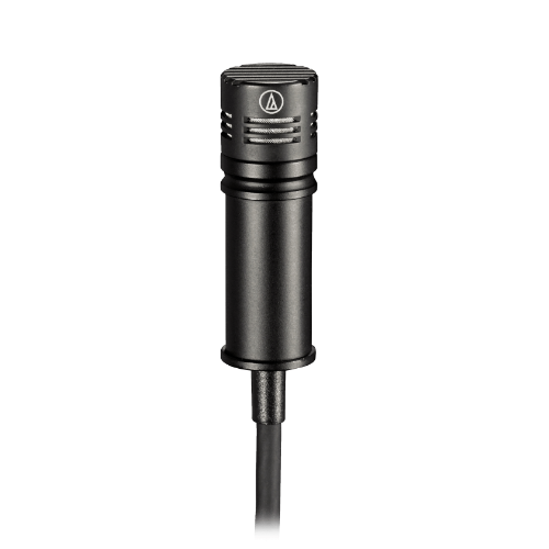 Black Audio-Technica lavalier microphone with attached cable.
