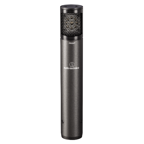Audio-Technica condenser microphone, metallic gray, cylindrical with a mesh head, on white background.