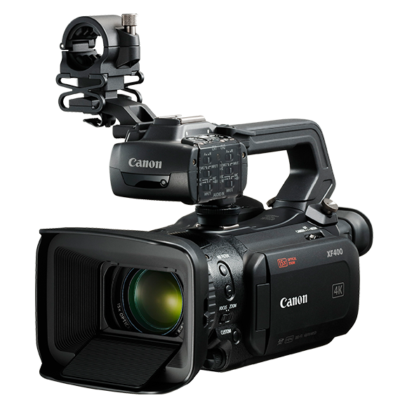 Canon XF400 professional camcorder, black, with lens hood, microphone, and top handle.