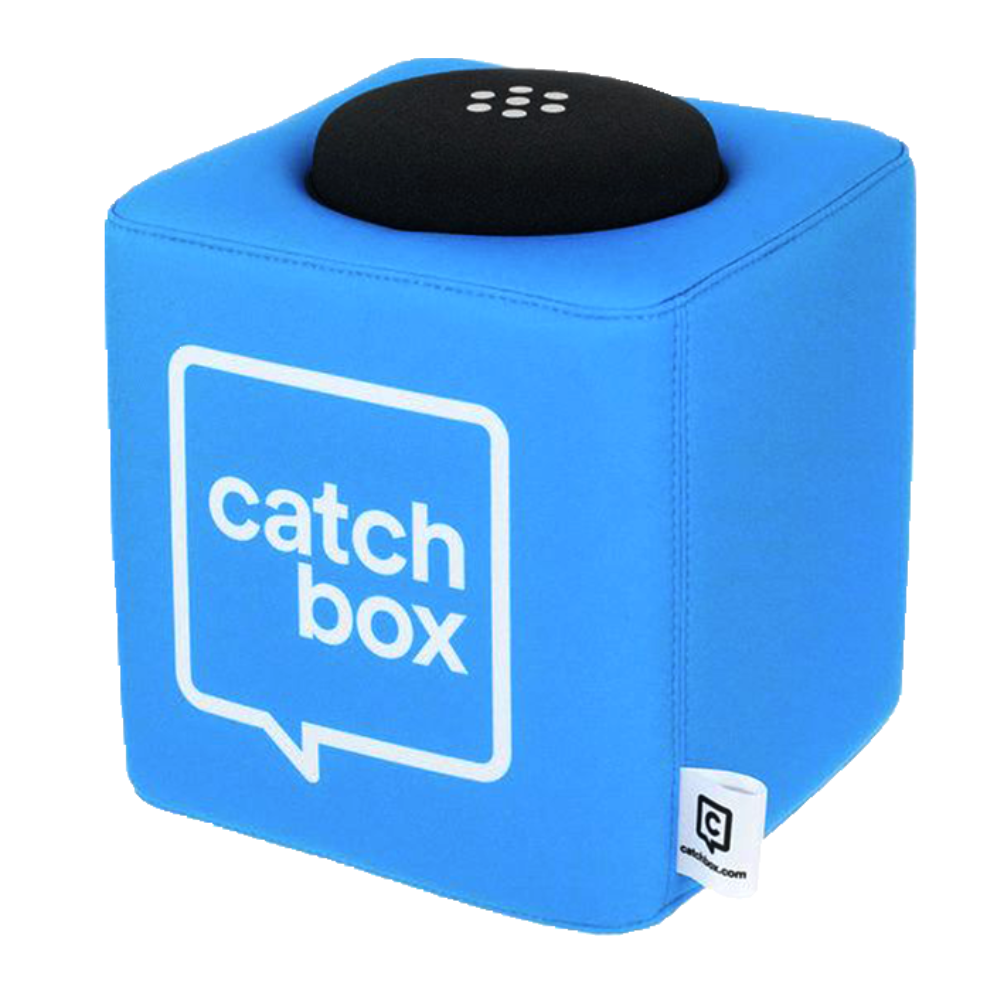Blue Catchbox cube with a black microphone on top, logo on the side.