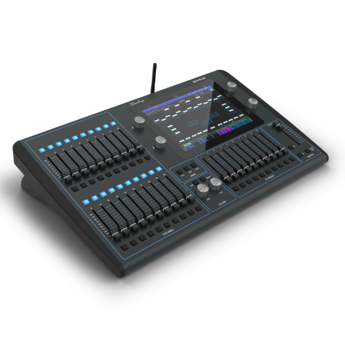 Black lighting control console with faders, buttons, and a touchscreen display.
