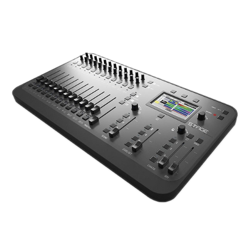 Black digital audio mixer with faders, knobs, and a screen, angled view.