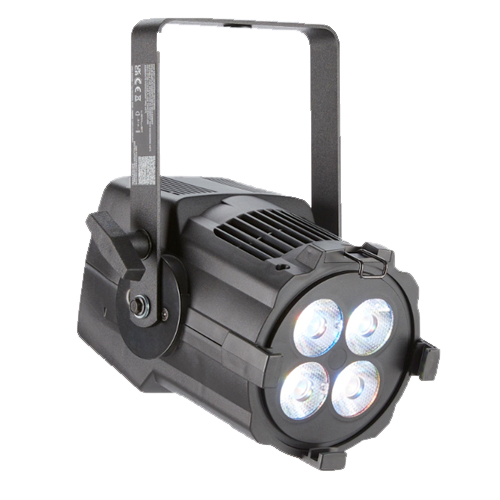 Black LED stage lighting fixture with handle and four bright lights.