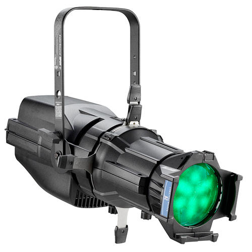 Black LED theatrical spotlight with green light.