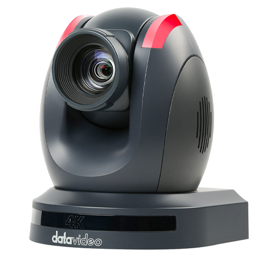Dark gray Datavideo PTZ camera, 4K, with red accents, lens pointed forward.
