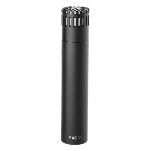 Black cylindrical condenser microphone with P48 marking.
