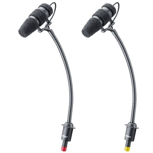 Two black microphones with flexible goosenecks and colored connectors.