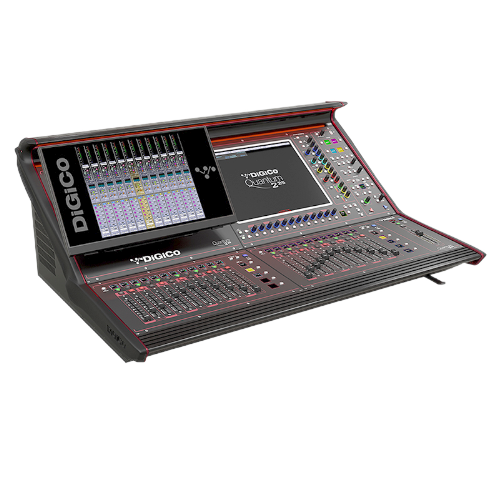 Digital audio mixing console with large screens and many faders; black and red design.
