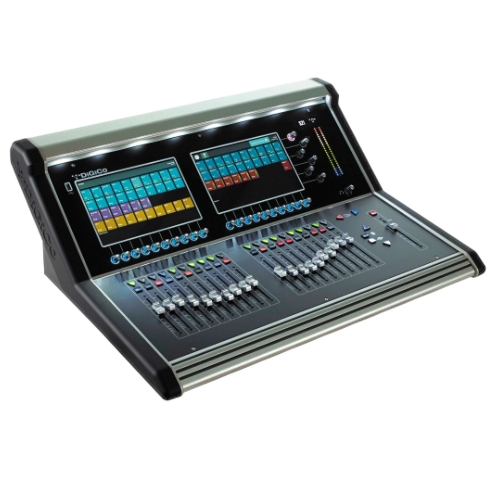 Digital audio mixing console with illuminated faders and displays. Black and silver design.
