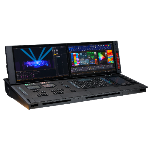 Black lighting console with two screens displaying light control software.