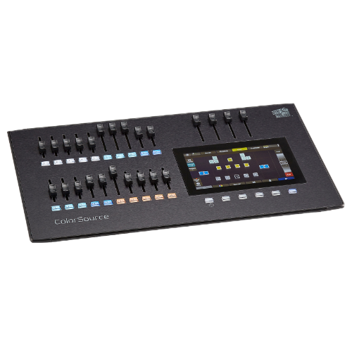 Black lighting control console with faders, buttons, and touchscreen.