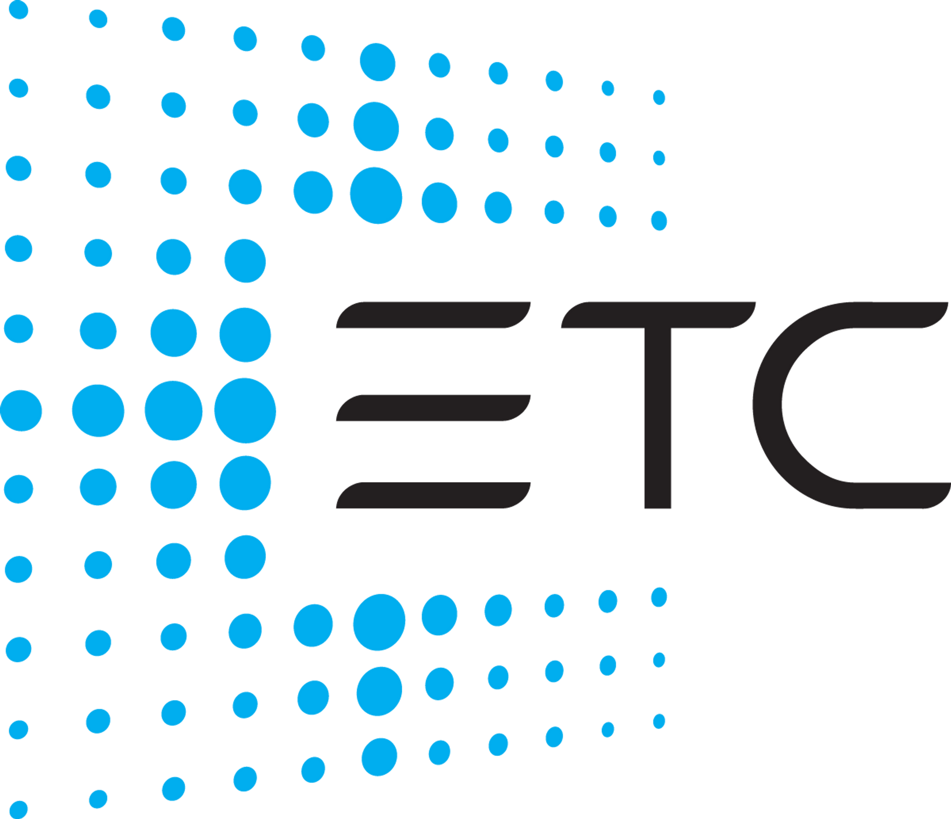 Logo for ETC: Blue dot matrix forming a 3D effect, with the black text 