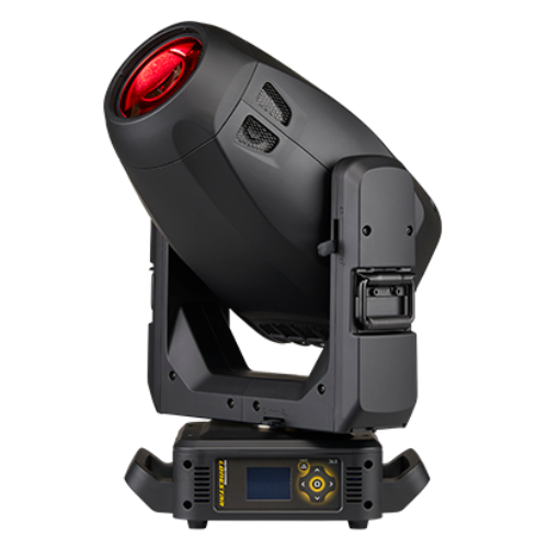 Black stage lighting fixture angled upward; red lens.