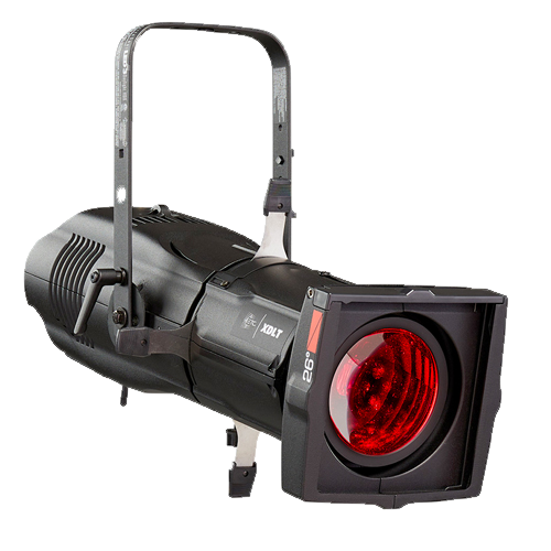 Black stage light with red lens, adjustable yoke, and rectangular frame.