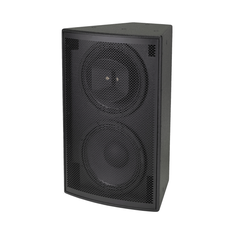 Black, trapezoidal speaker with two visible circular drivers, covered by a mesh grill.