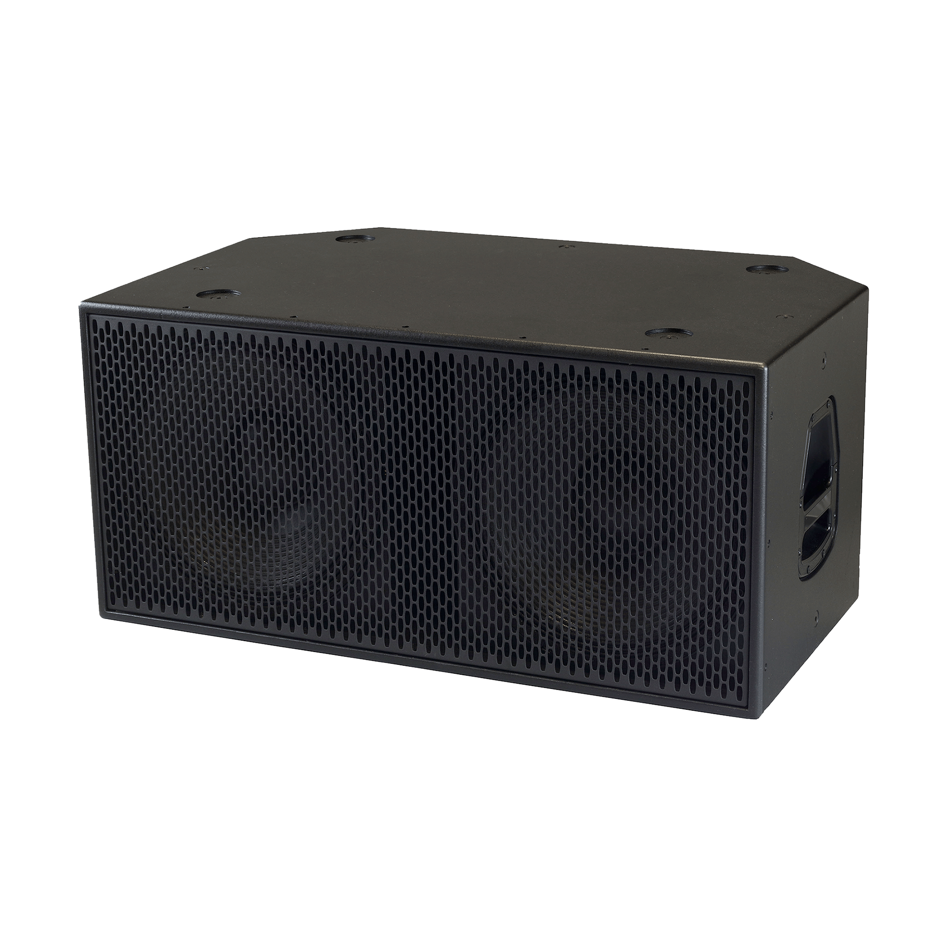 Black rectangular subwoofer speaker with a grill on the front.