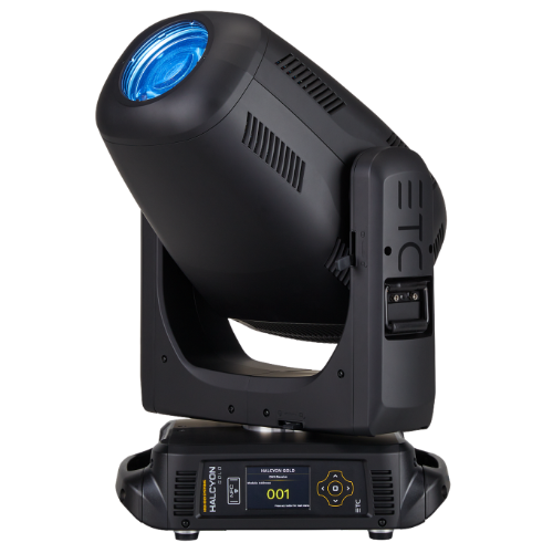 Black ETC Halcyon Super Spot moving head light, angled with blue lens.