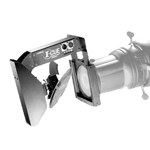 Black and white photo of a light beam control device attached to a stage light.