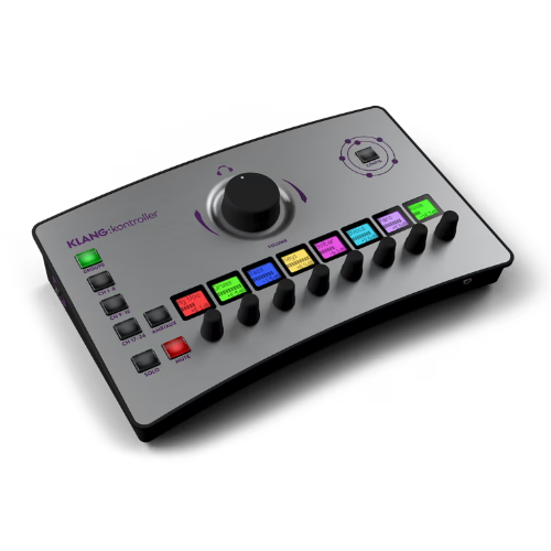 KLANG:konductor personal in-ear monitor controller with buttons, knobs, and large volume dial.