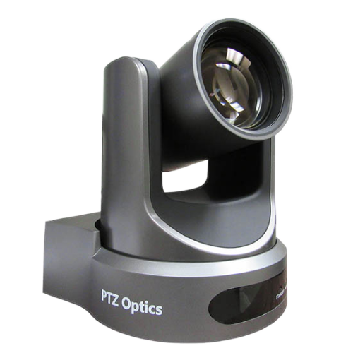 Gray PTZ Optics video camera, angled lens, on a stand.