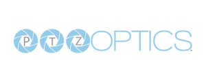 Logo of PTZOptics, with letters PTZ in stylized camera aperture icons, followed by