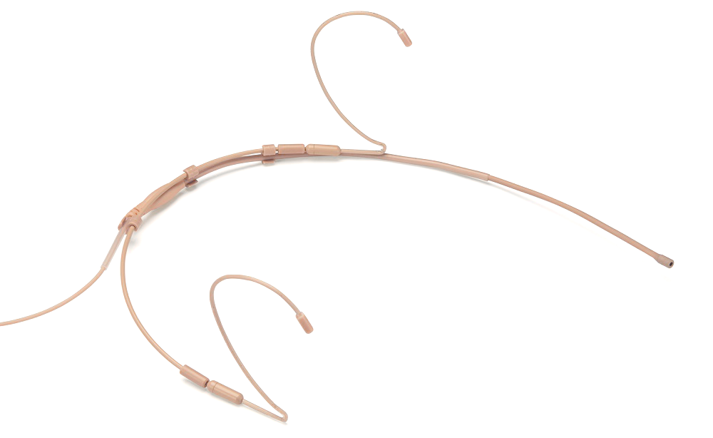 Beige headset microphone with thin, adjustable boom.