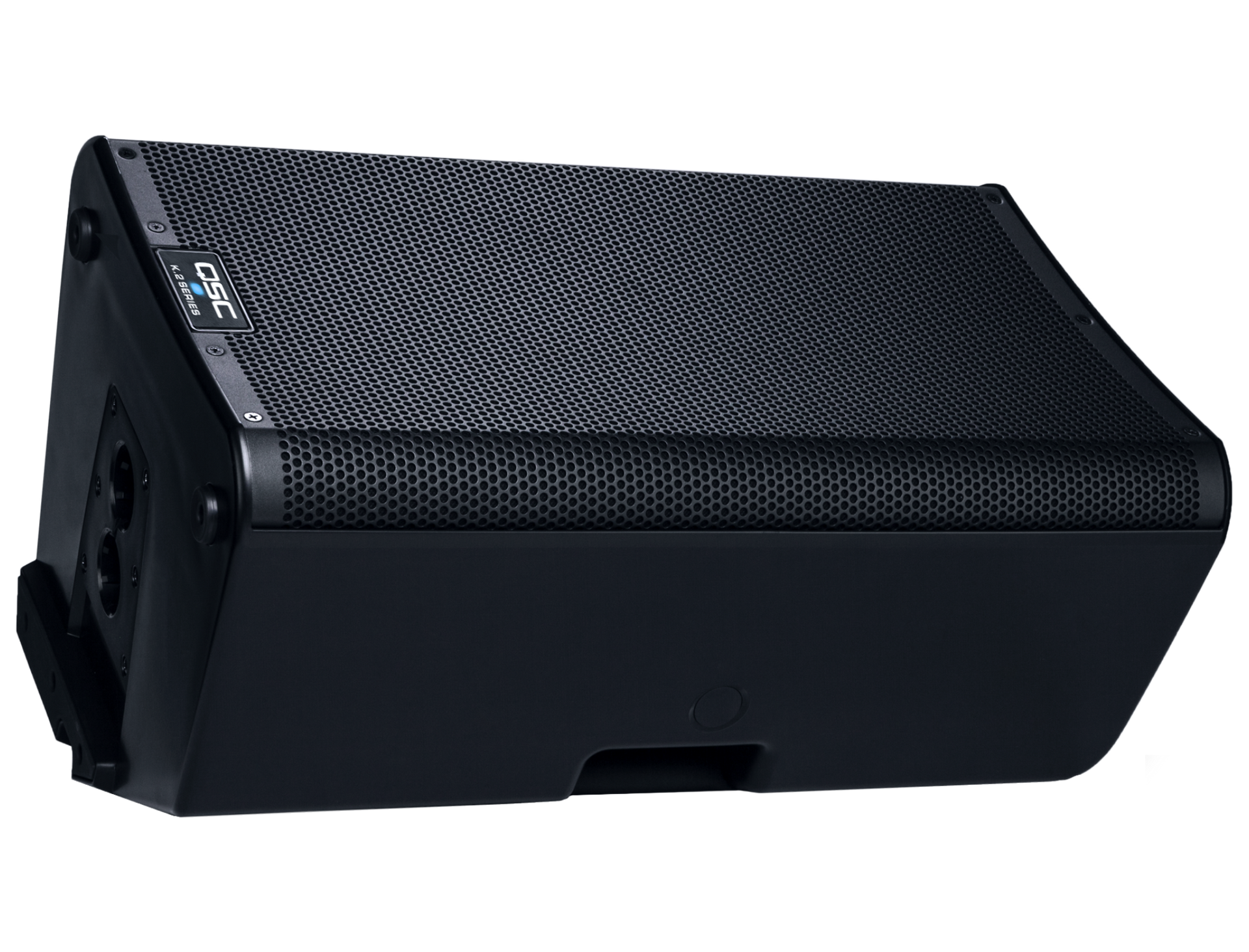 Black stage monitor speaker. Angled design, mesh front, QSC logo.