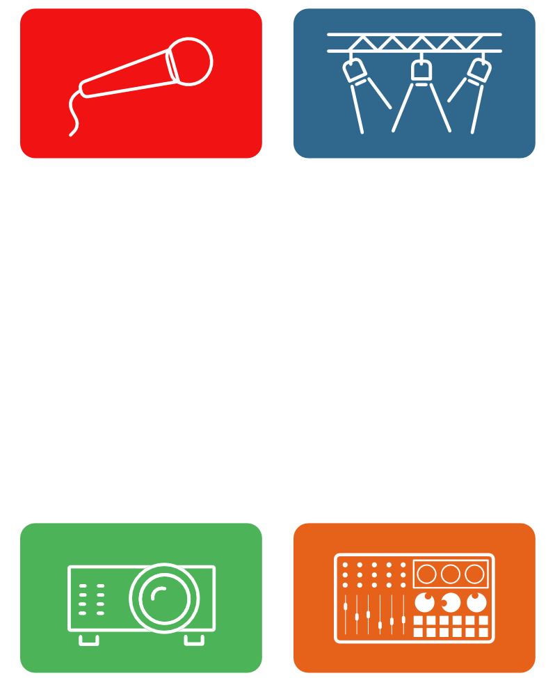 Icons: Microphone (red), stage lights (blue), projector (green), sound mixer (orange).