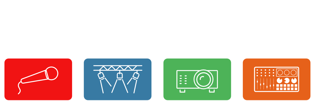 Icons: microphone (red), spotlights (blue), projector (green), sound mixer (orange).