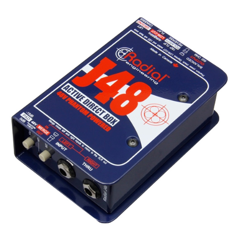 Blue and white Radial J48 active direct box with input, thru, and output jacks.