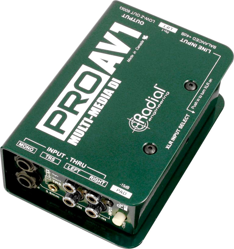 Green Radial ProAV1 multi-media DI box. Features input, thru, output, and line input.