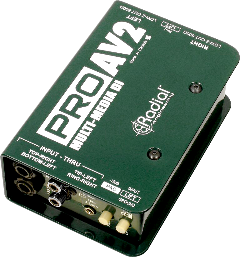 Green Radial Engineering ProAV2 Multi-Media DI box with input, thru, and output jacks.