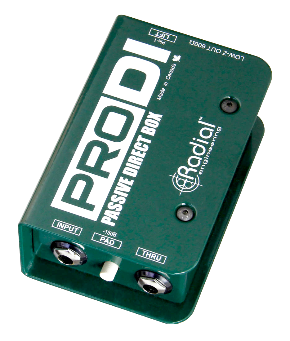 Green Radial ProDI passive direct box with white text and silver jacks.