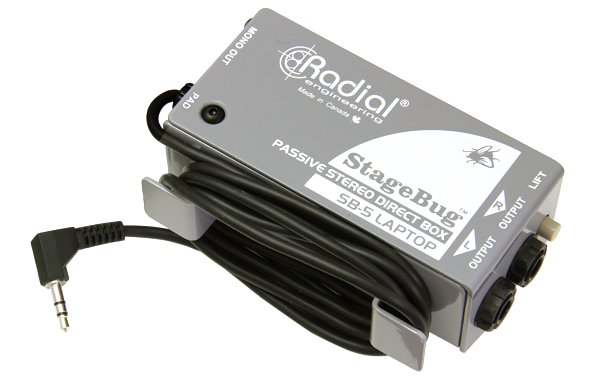 Grey Radial StageBug SB5 laptop DI box with a cable and 1/8