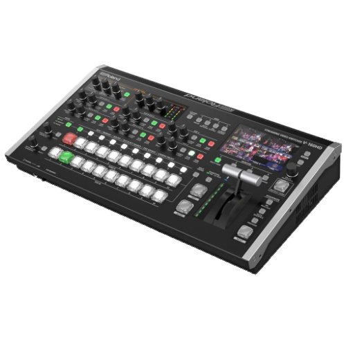 Black video switcher with numerous buttons, knobs, and a screen; a hardware device for live video production.