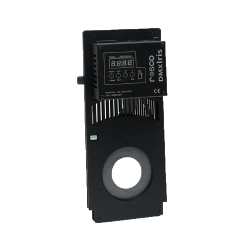 Black DMX Iris with control panel. A circular aperture in a rectangular housing.