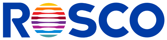 Rosco logo in blue with a colorful sunburst design in the center.