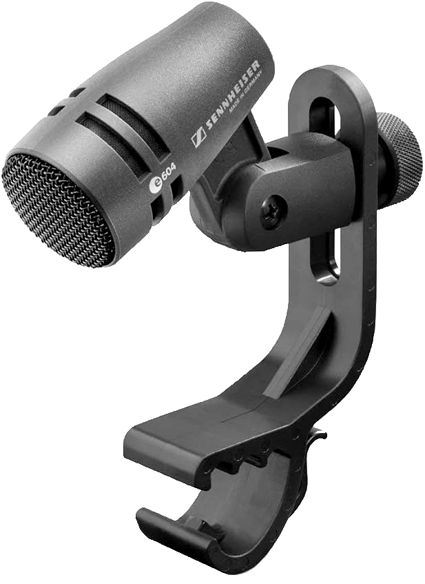 Black Sennheiser e604 microphone clipped to a drum rim mount.
